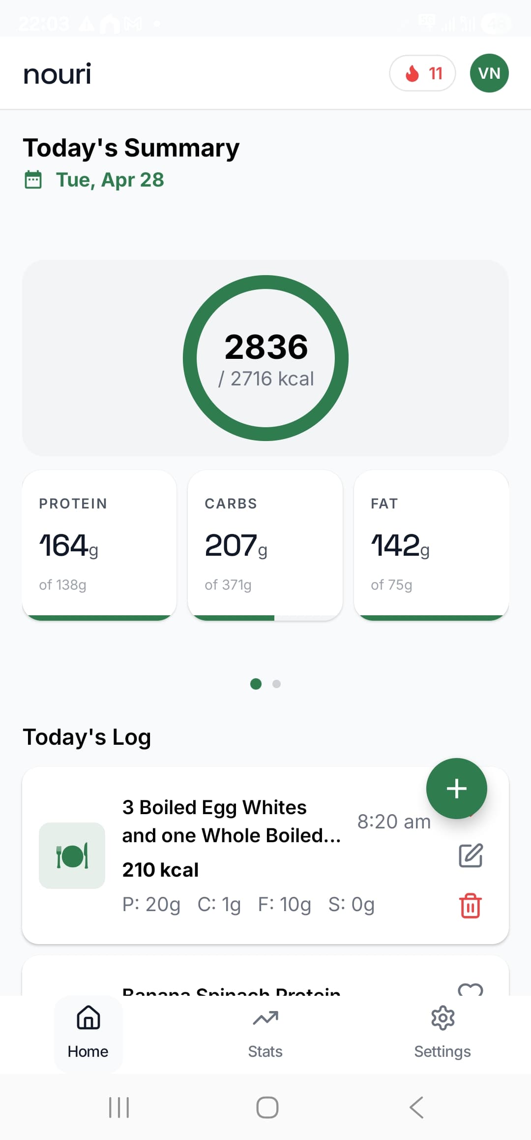 Nouri Home screen — calorie ring at 2,836 of 2,716 kcal with macro pills and the day's meal log